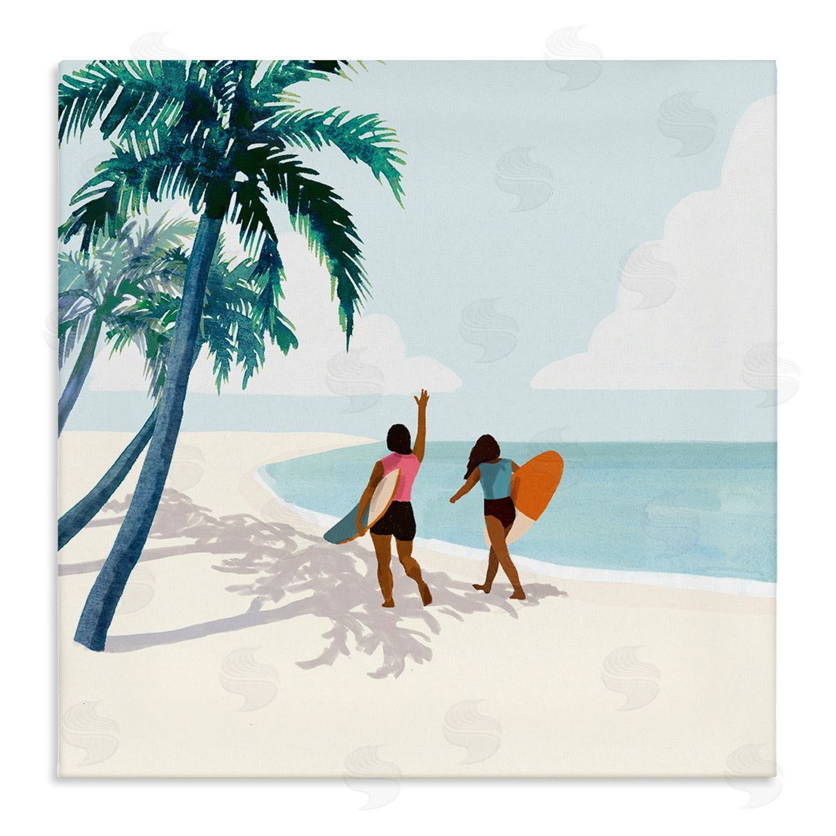 Victoria Barnes Women with Surfboards under Coastal Palm Trees Stretched Canvas Wall Art Print