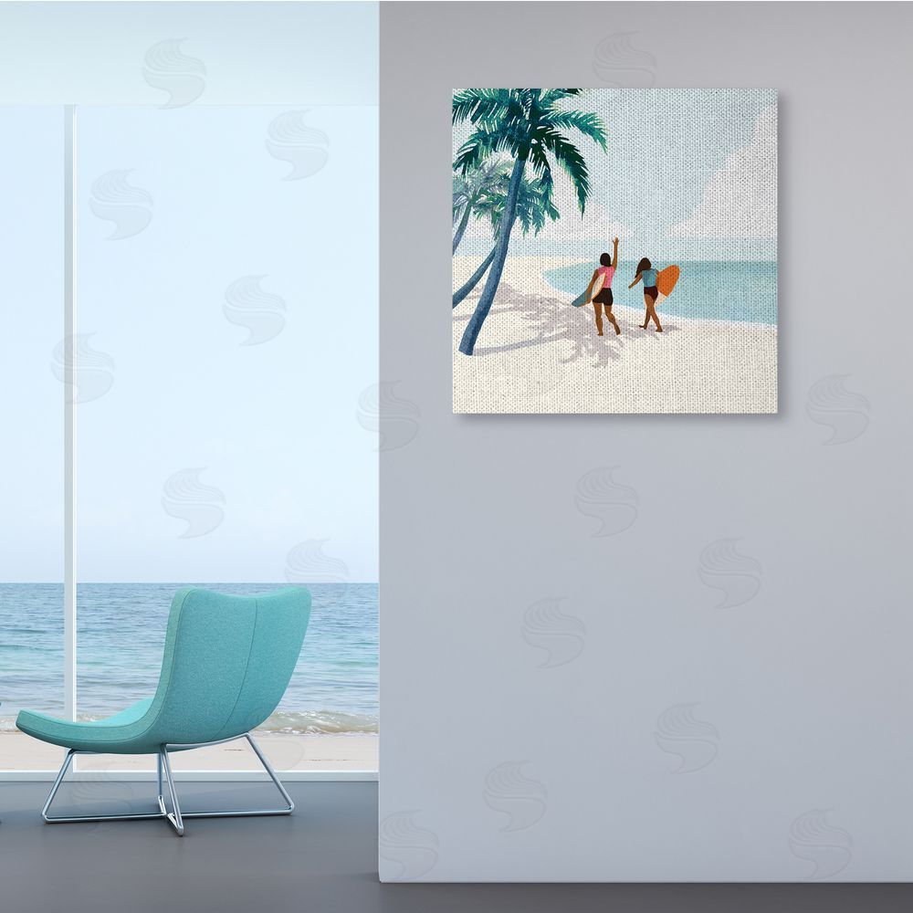 Victoria Barnes Women with Surfboards under Coastal Palm Trees Canvas Wall Art in Room