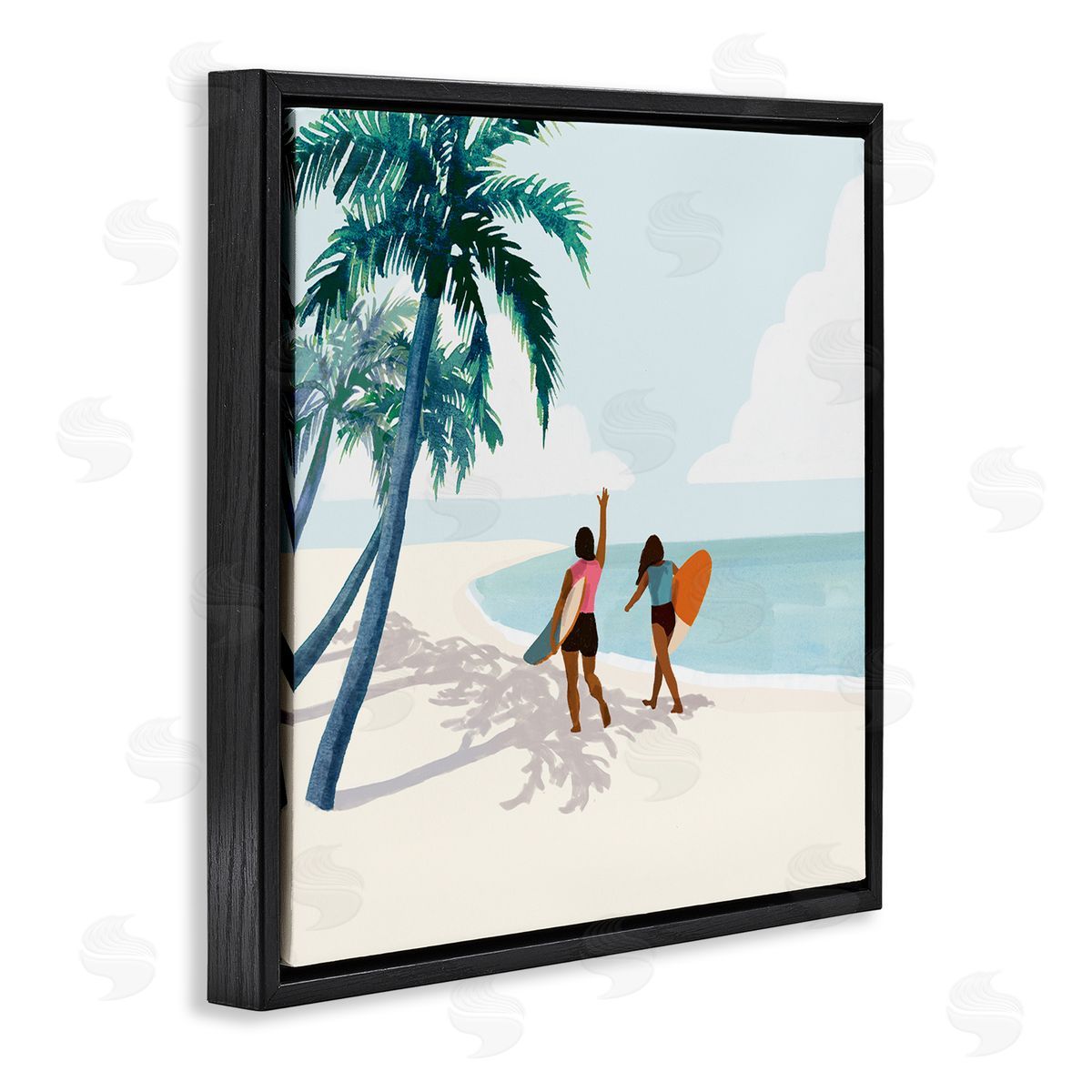 Victoria Barnes Women with Surfboards under Coastal Palm Trees Black Floating Frame Canvas Wall Art Print