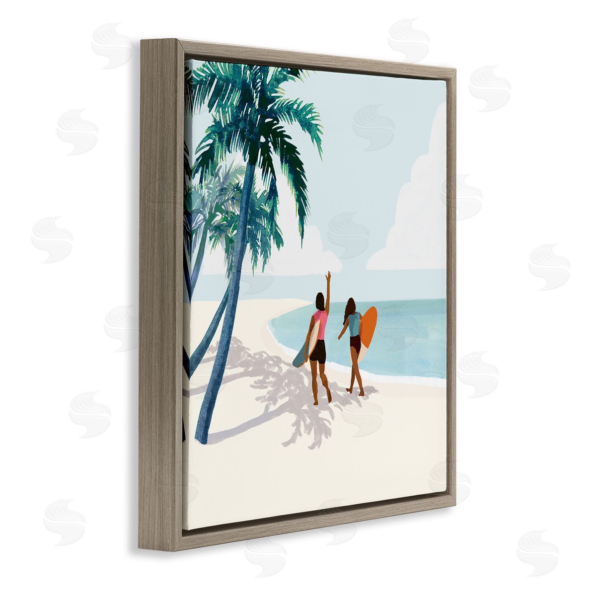 Victoria Barnes Women with Surfboards under Coastal Palm Trees Brown Floating Frame Canvas Wall Art Print