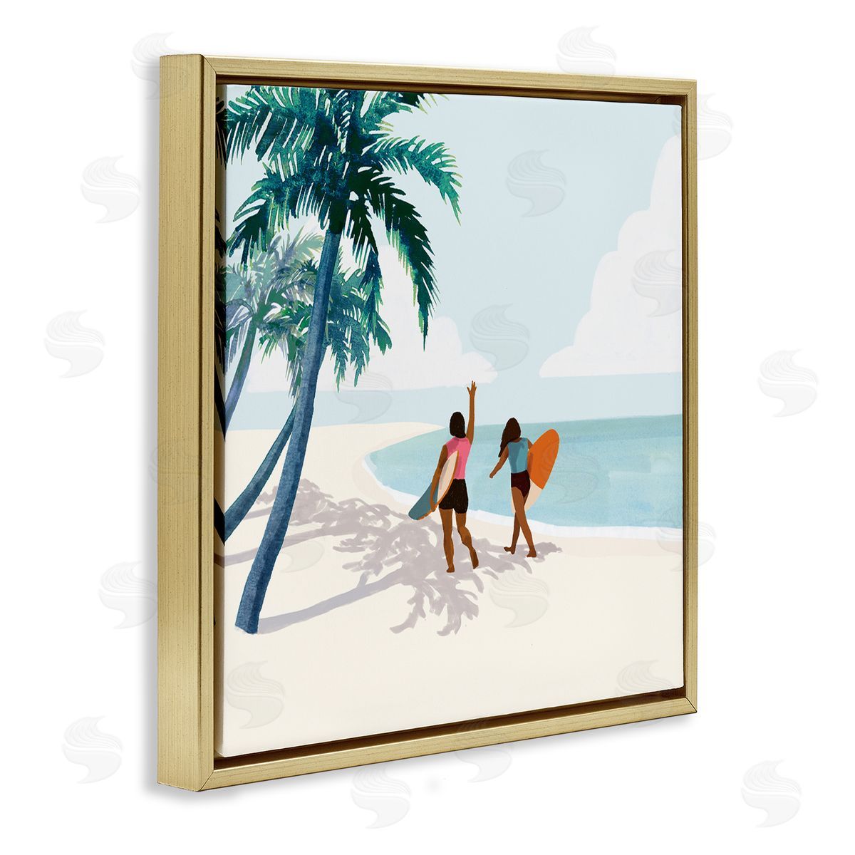 Victoria Barnes Women with Surfboards under Coastal Palm Trees Gold Floating Frame Canvas Wall Art Print
