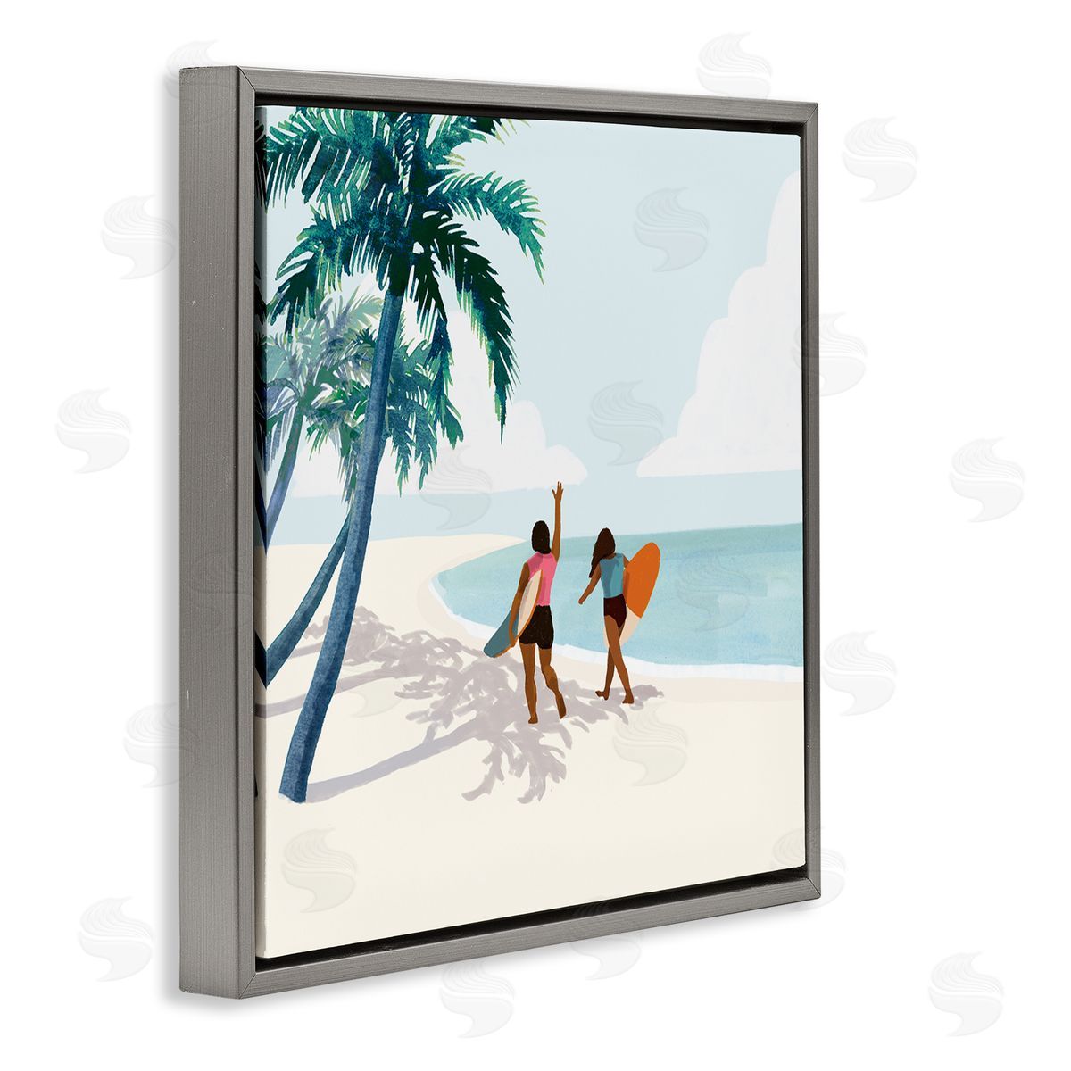 Victoria Barnes Women with Surfboards under Coastal Palm Trees Gray Floating Frame Canvas Wall Art Print