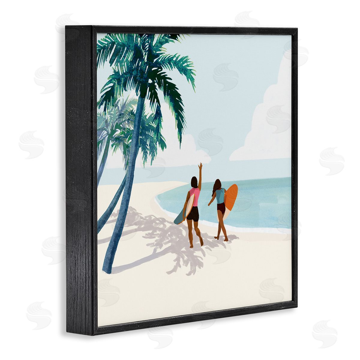 Victoria Barnes Women with Surfboards under Coastal Palm Trees Black Framed Glicee Wall Art Print