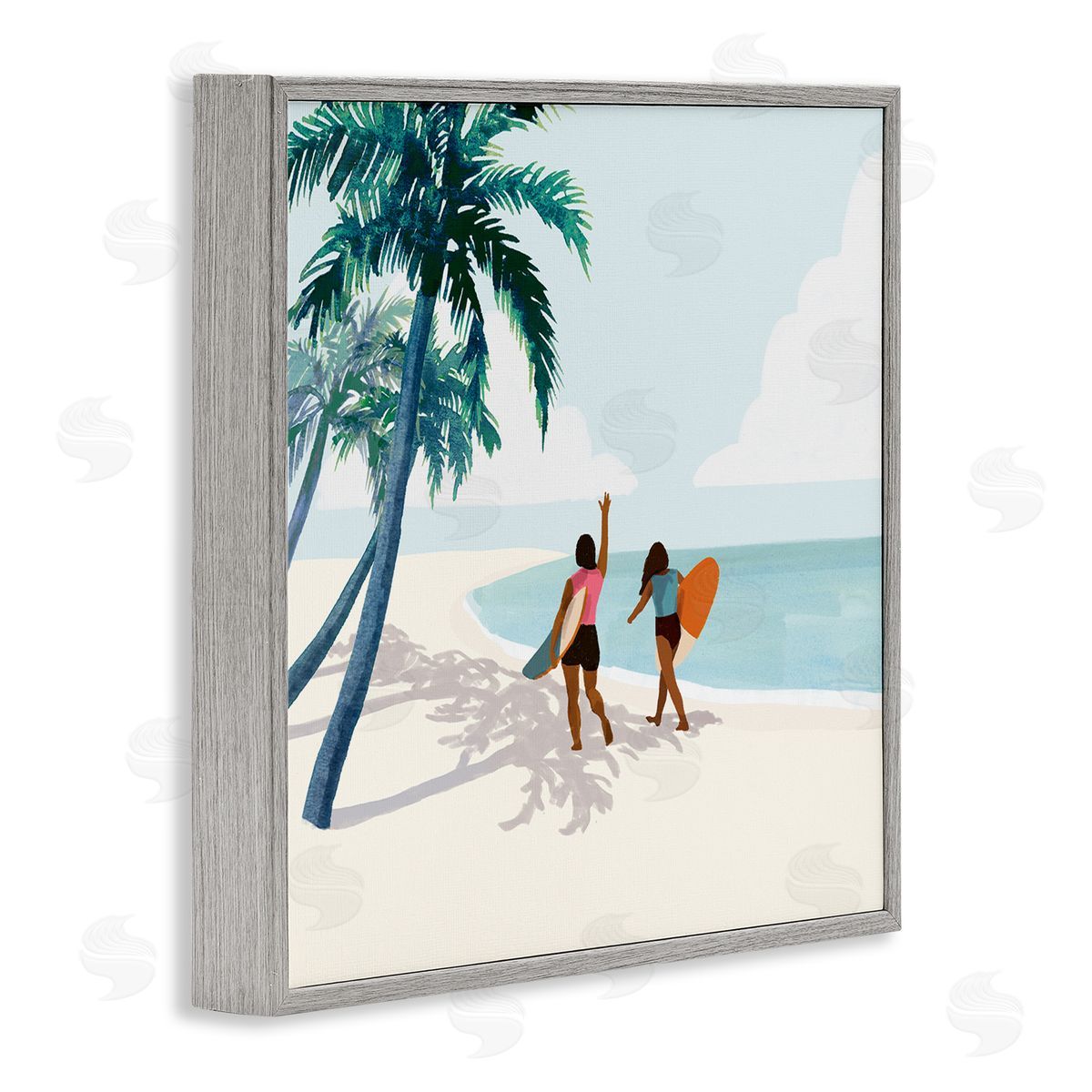 Victoria Barnes Women with Surfboards under Coastal Palm Trees Gray Framed Glicee Wall Art Print