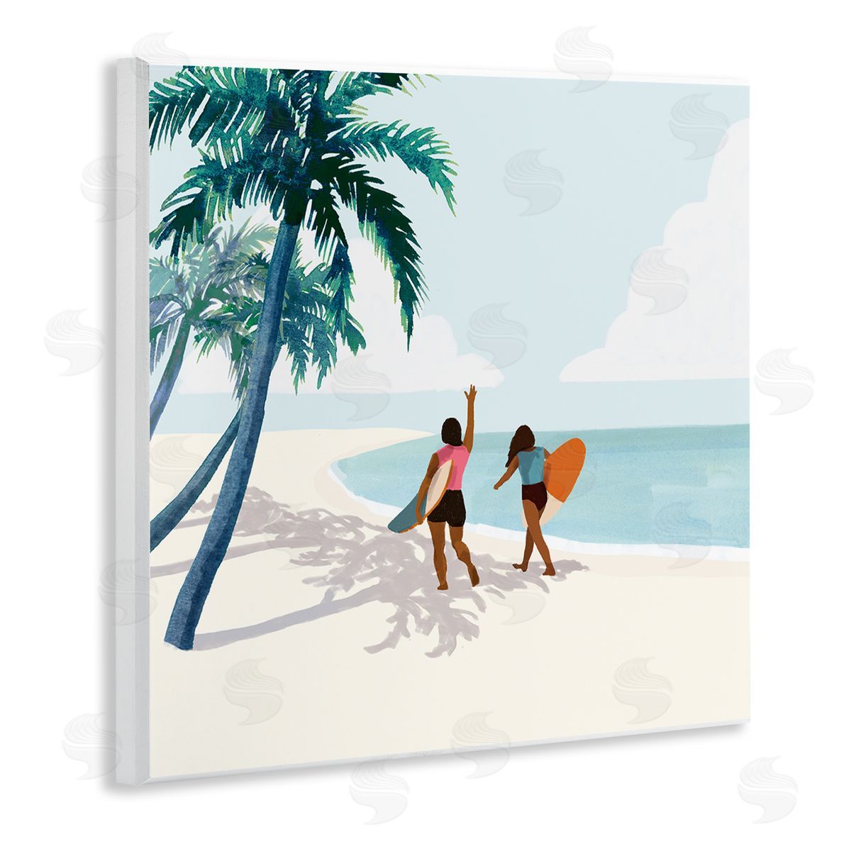 Victoria Barnes Women with Surfboards under Coastal Palm Trees Wooden Wall Plaque Art Print
