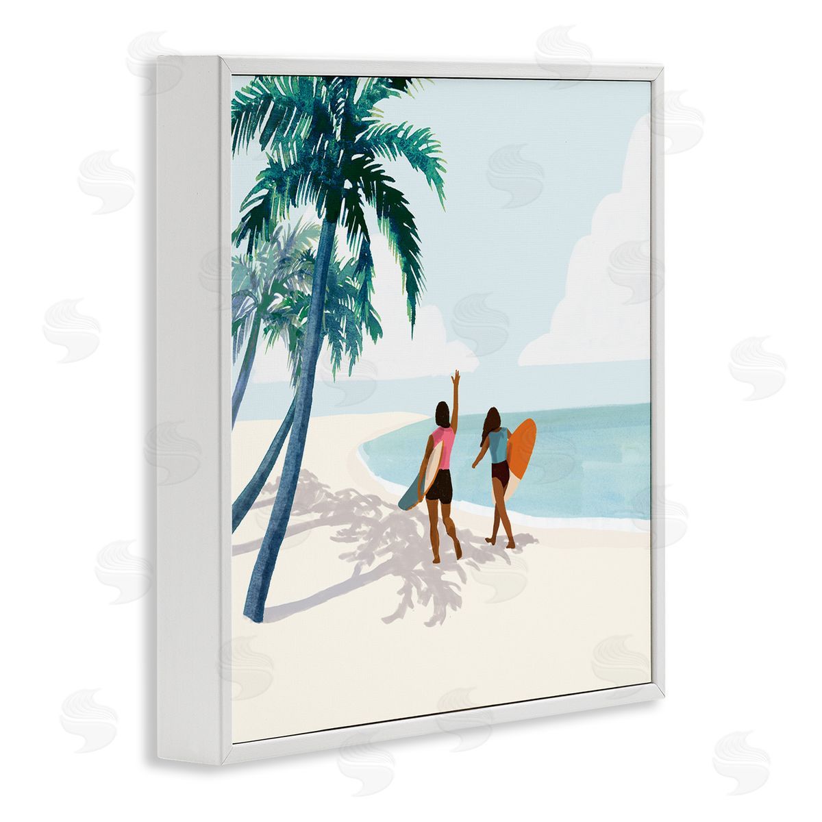 Victoria Barnes Women with Surfboards under Coastal Palm Trees White Framed Glicee Wall Art Print