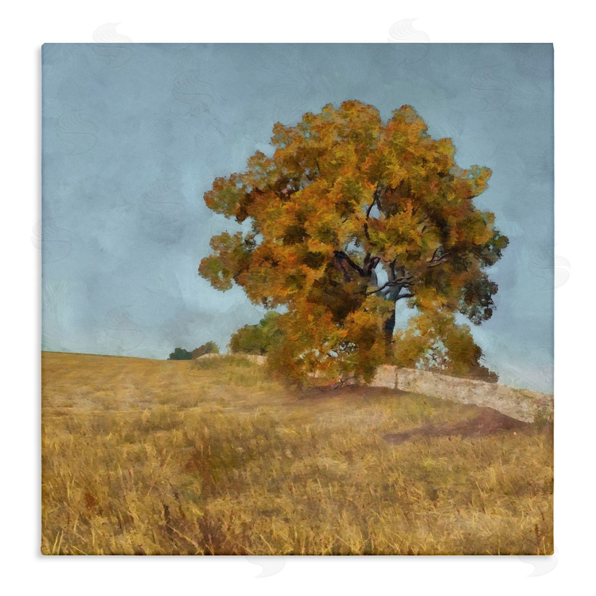 Alonzo Saunders Autumn Tree on Grassy Hill Country Landscape Stretched Canvas Wall Art Print