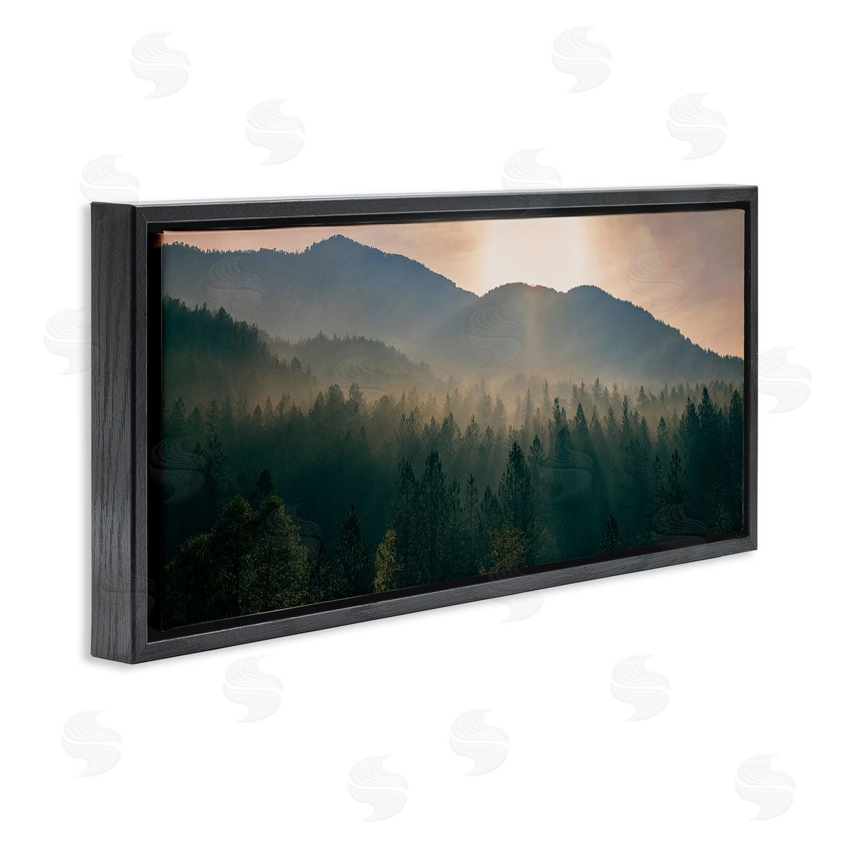 Morning Sun over Misty Trees Black Floating Frame Canvas Wall Art, Home Decor by Dora Artemiadi