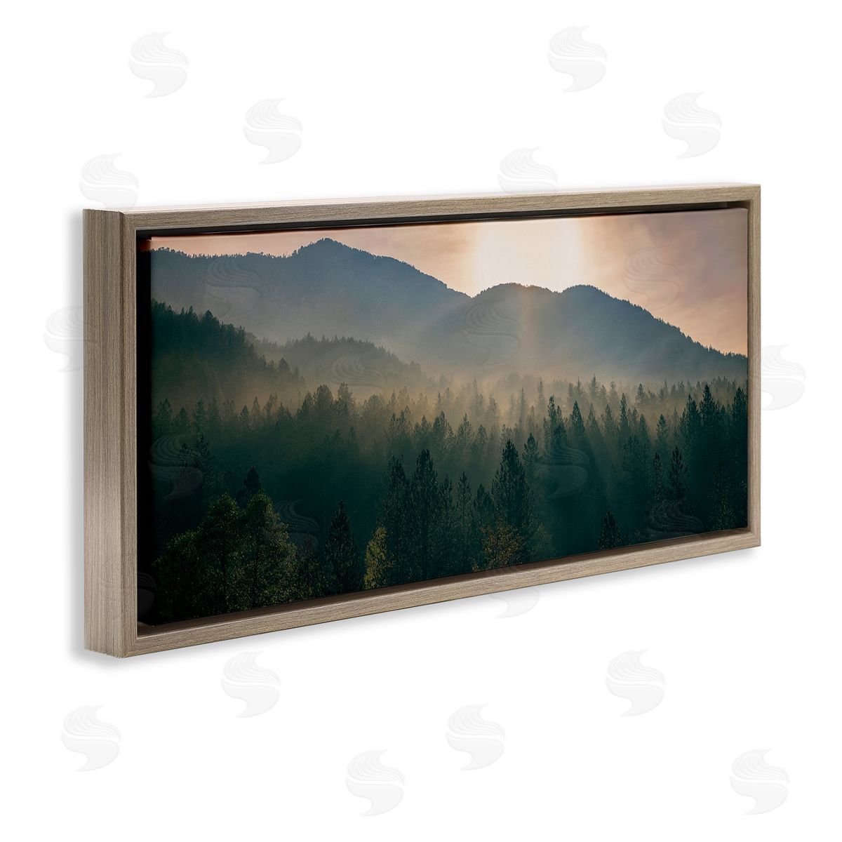 Morning Sun over Misty Trees Brown Floating Frame Canvas Wall Art, Home Decor by Dora Artemiadi