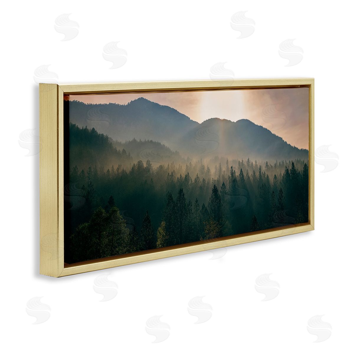 Morning Sun over Misty Trees Gold Floating Frame Canvas Wall Art, Home Decor by Dora Artemiadi