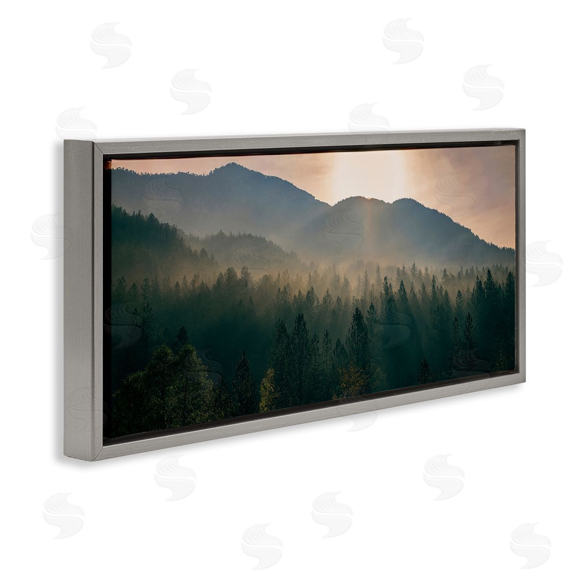 Morning Sun over Misty Trees Grey Floating Frame Canvas Wall Art, Home Decor by Dora Artemiadi