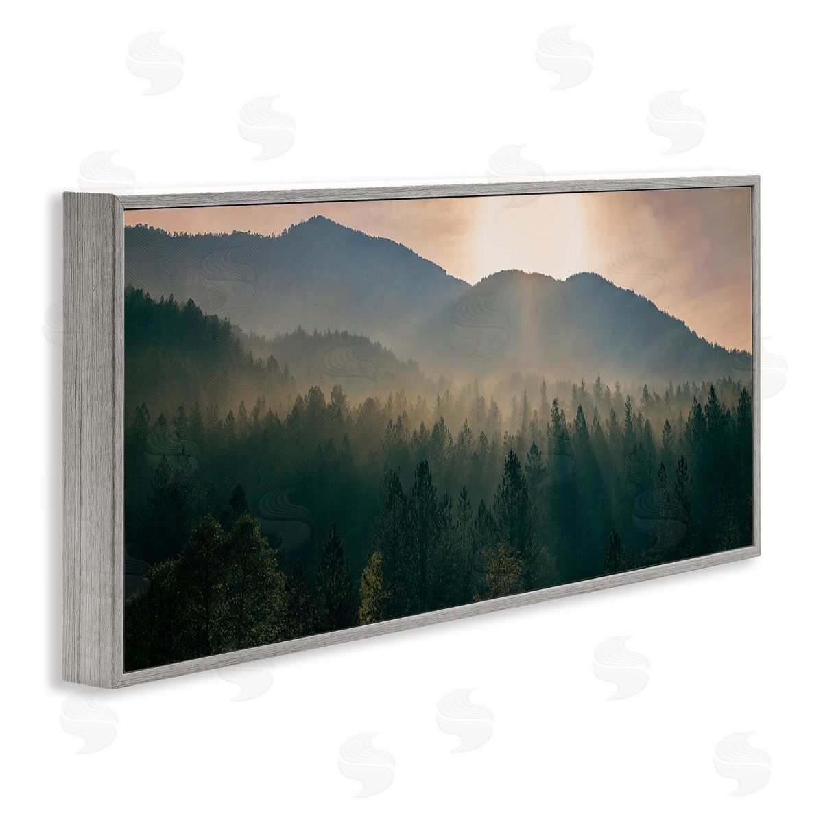 Morning Sun over Misty Trees Grey Frame Print Wall Art, Home Decor by Dora Artemiadi