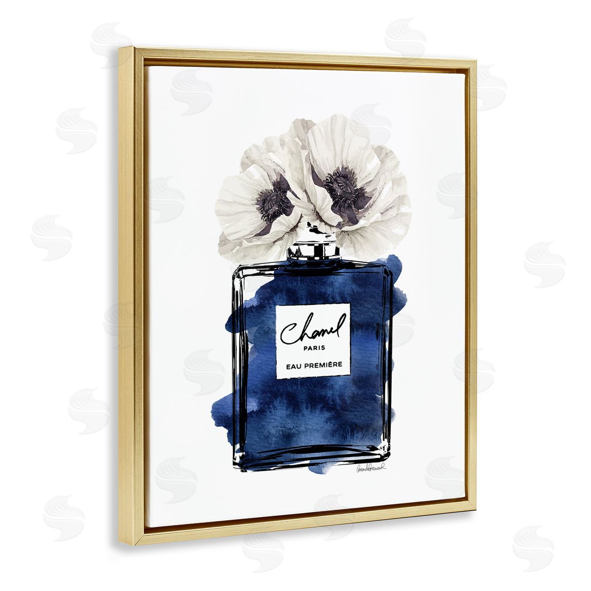 Fashion Fragrance Bottle with Florals Gold Floating Frame Canvas Wall Art, Home Decor by Amanda Greenwood