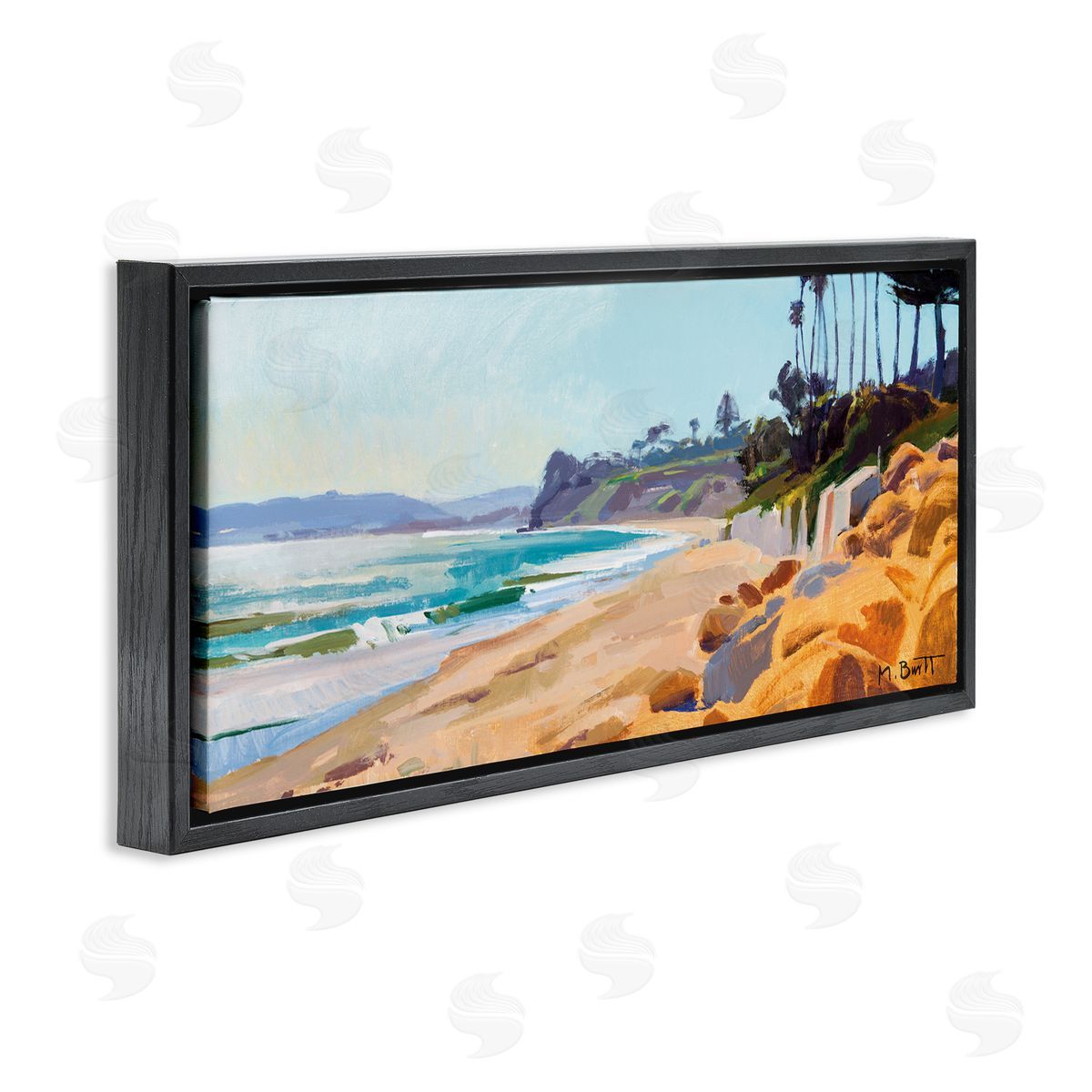 Summer Beach Landscape Painting Black Floating Frame Canvas Wall Art, Home Decor by Marcia Burtt