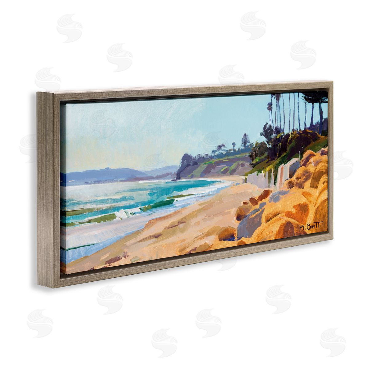 Summer Beach Landscape Painting Brown Floating Frame Canvas Wall Art, Home Decor by Marcia Burtt