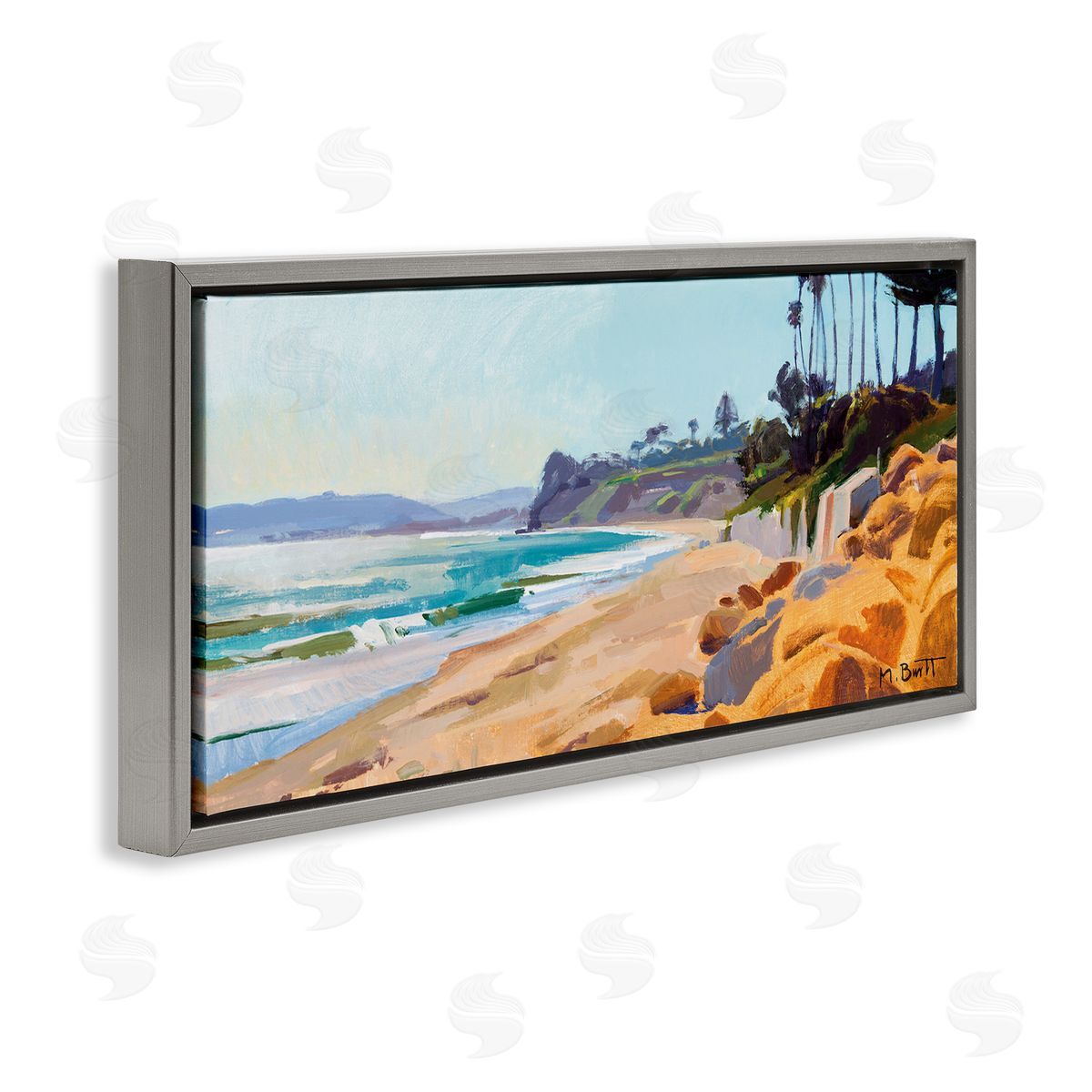 Summer Beach Landscape Painting Grey Floating Frame Canvas Wall Art, Home Decor by Marcia Burtt