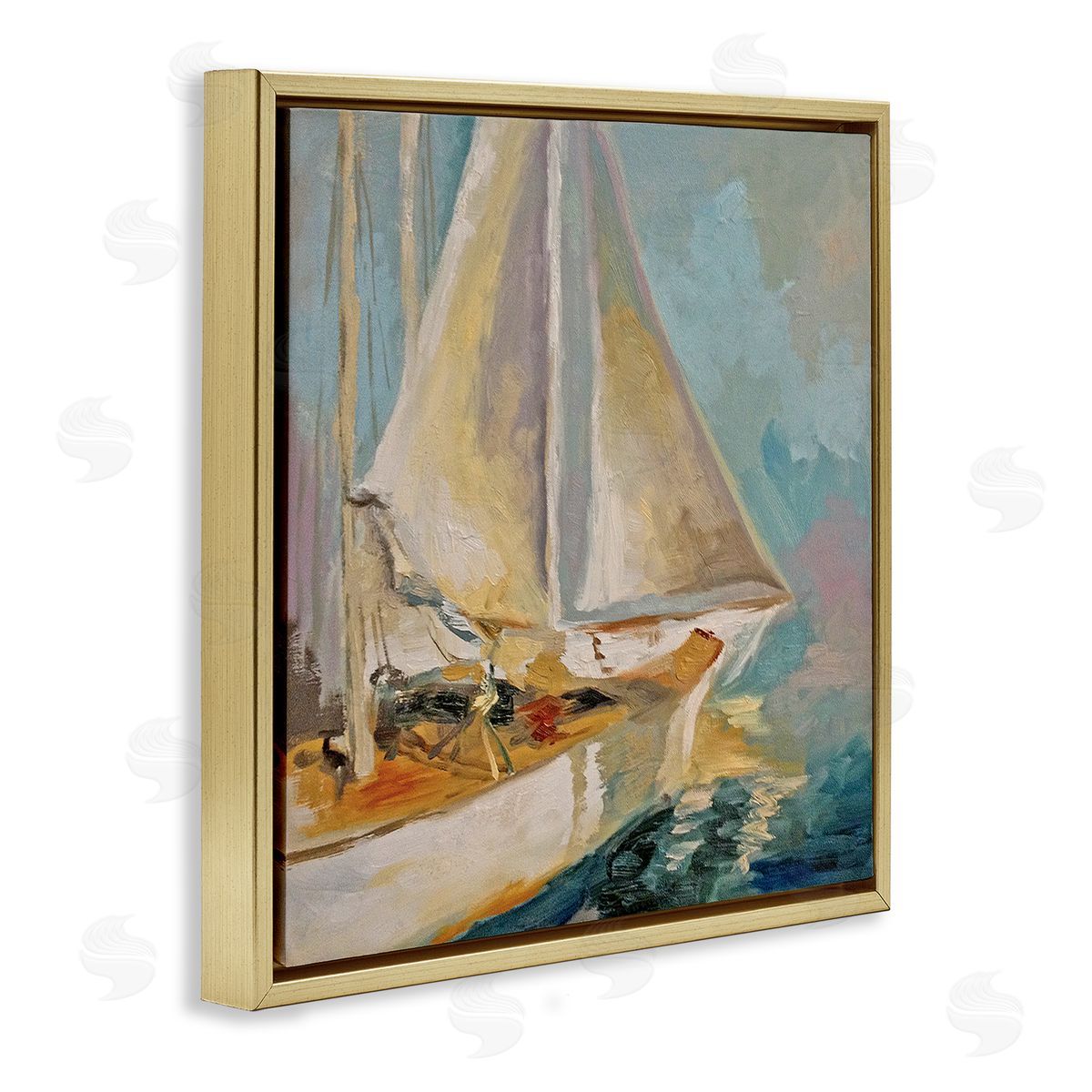 Claire Cormany Traditional Nautical Sailboat on the Water Gold Floating Frame Canvas Wall Art Print