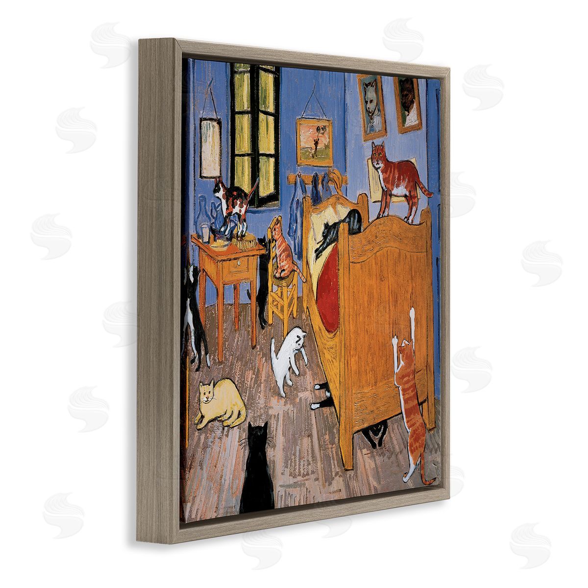 Cats in Bedroom Classics Parody Brown Floating Frame Canvas Wall Art, Home Decor by Chameleon Design, Inc.
