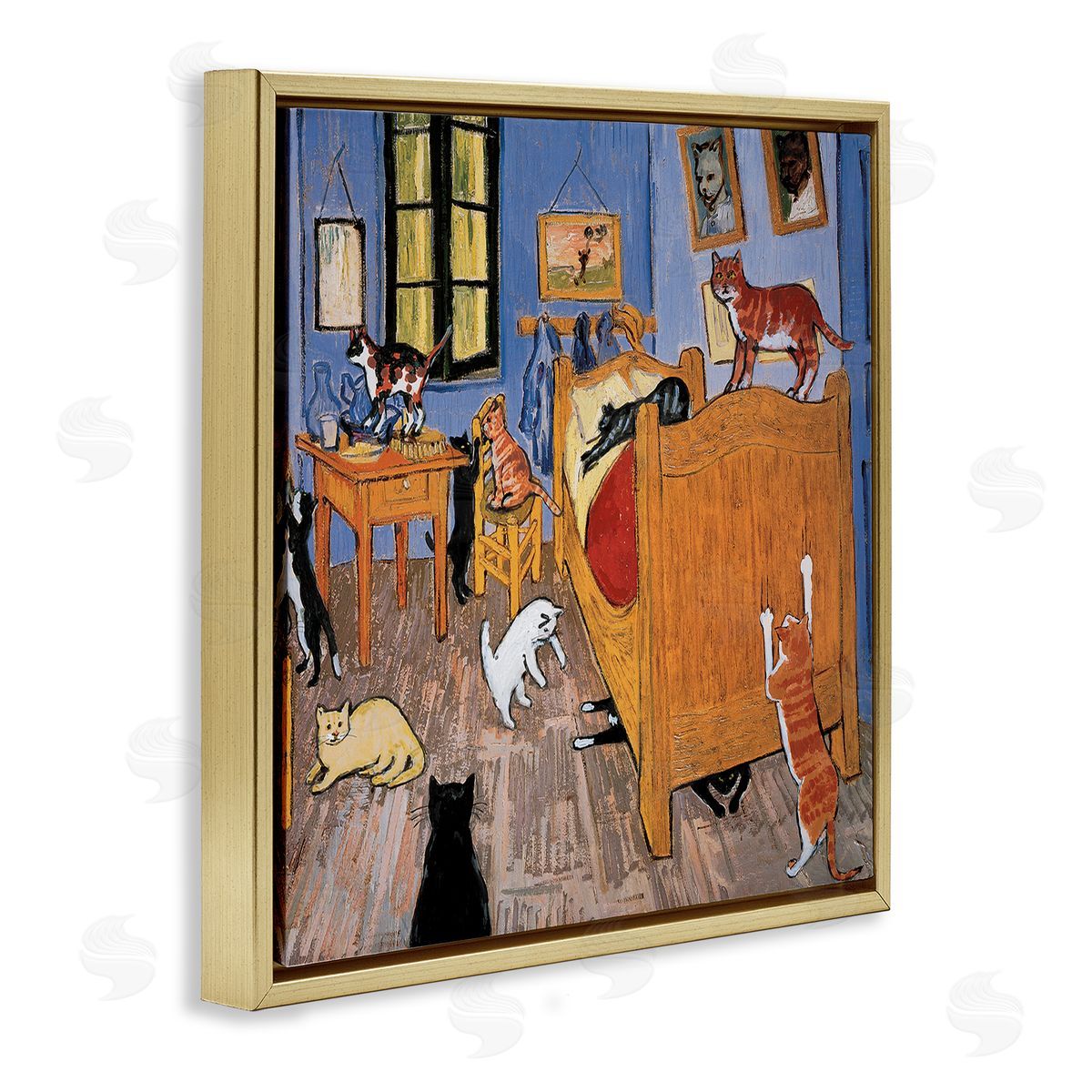 Cats in Bedroom Classics Parody Gold Floating Frame Canvas Wall Art, Home Decor by Chameleon Design, Inc.