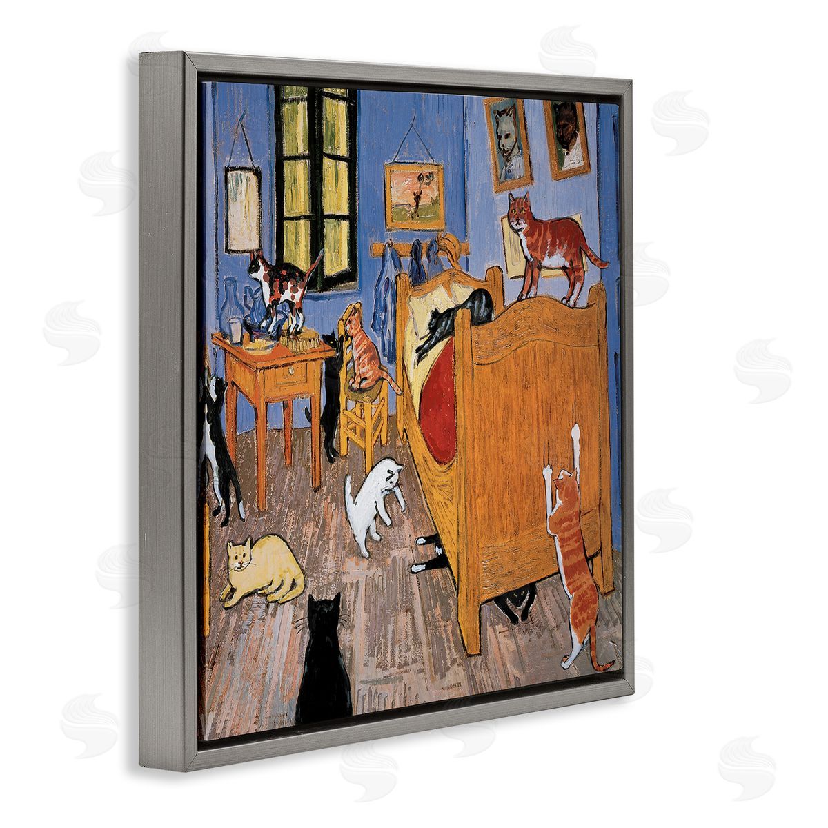 Cats in Bedroom Classics Parody Grey Floating Frame Canvas Wall Art, Home Decor by Chameleon Design, Inc.