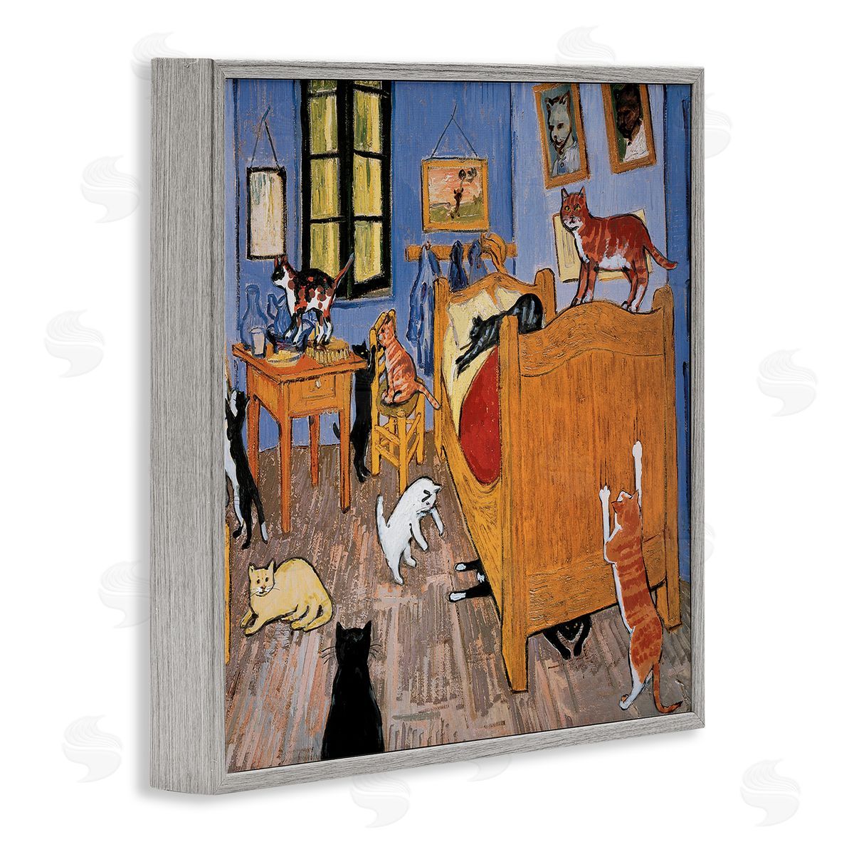 Cats in Bedroom Classics Parody Grey Frame Print Wall Art, Home Decor by Chameleon Design, Inc.