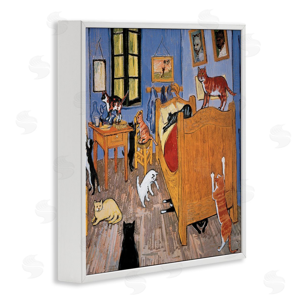 Cats in Bedroom Classics Parody White Frame Print Wall Art, Home Decor by Chameleon Design, Inc.