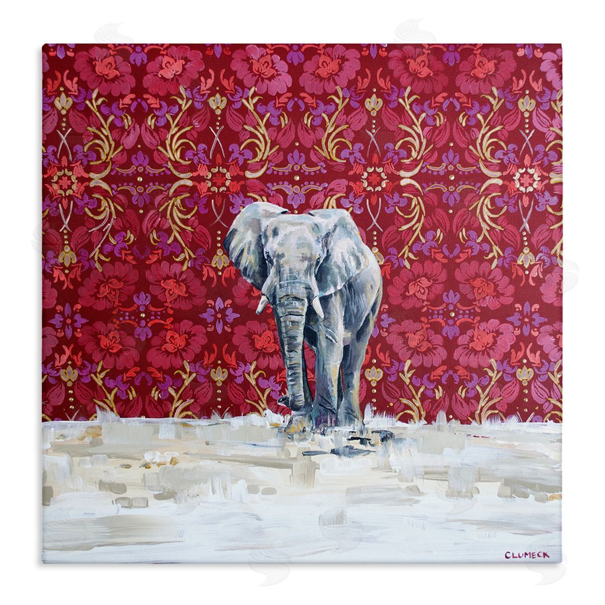 Alana Clumeck Elephant Standing Intricate Red Floral Pattern Stretched Canvas Wall Art Print