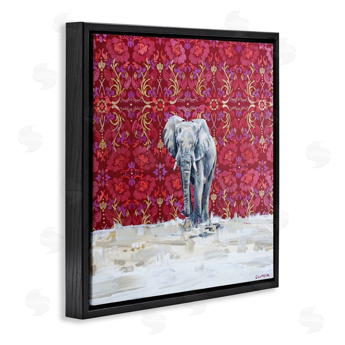 Alana Clumeck Elephant Standing Intricate Red Floral Pattern Black Floating Frame Canvas Wall Art Print