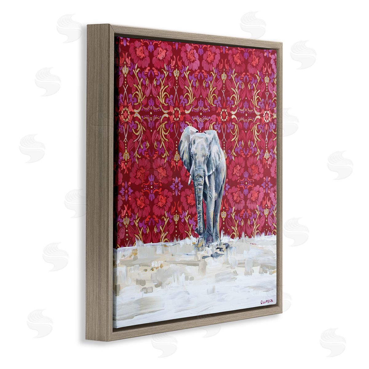 Alana Clumeck Elephant Standing Intricate Red Floral Pattern Brown Floating Frame Canvas Wall Art Print