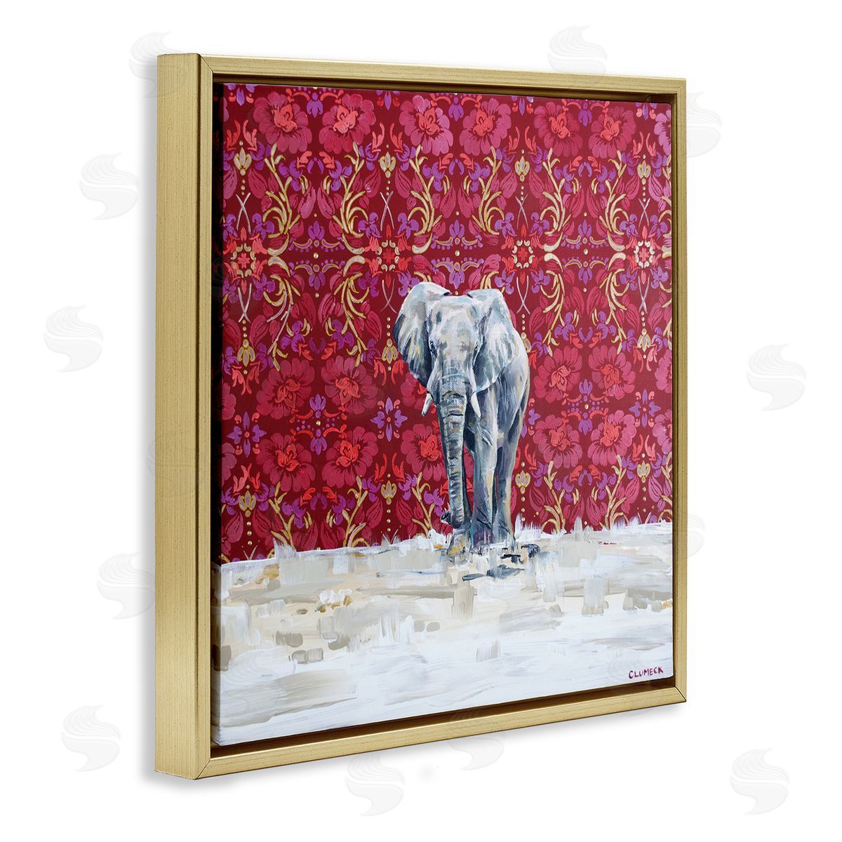 Alana Clumeck Elephant Standing Intricate Red Floral Pattern Gold Floating Frame Canvas Wall Art Print