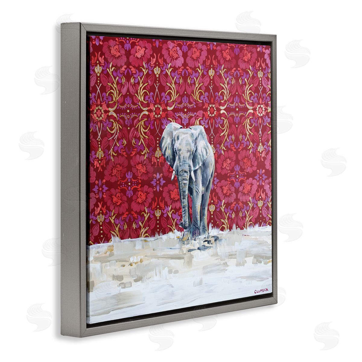 Alana Clumeck Elephant Standing Intricate Red Floral Pattern Gray Floating Frame Canvas Wall Art Print