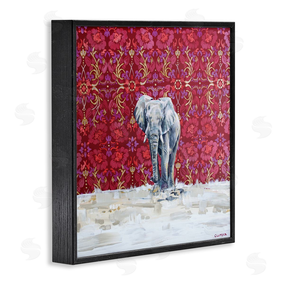 Alana Clumeck Elephant Standing Intricate Red Floral Pattern Black Framed Glicee Wall Art Print