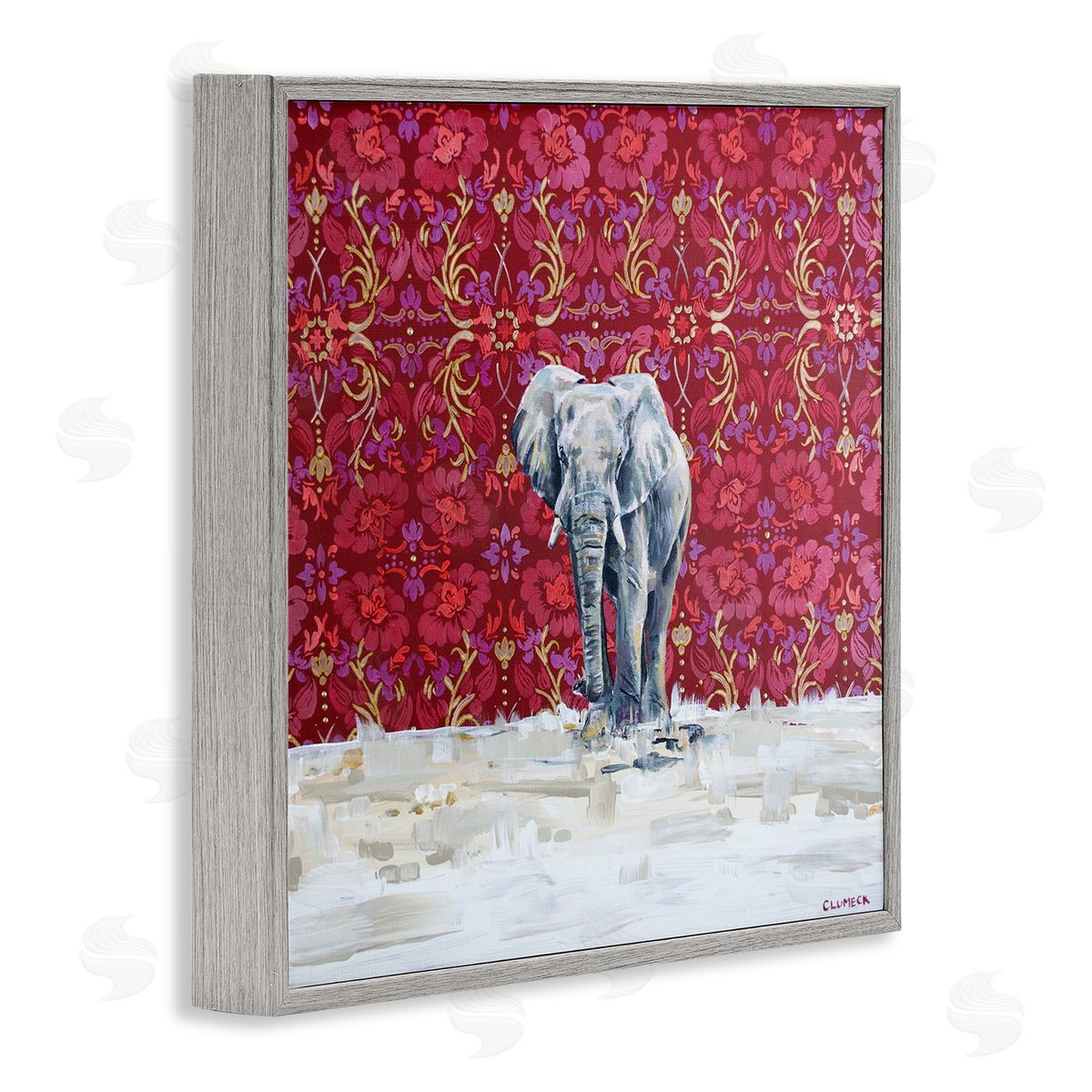 Alana Clumeck Elephant Standing Intricate Red Floral Pattern Gray Framed Glicee Wall Art Print