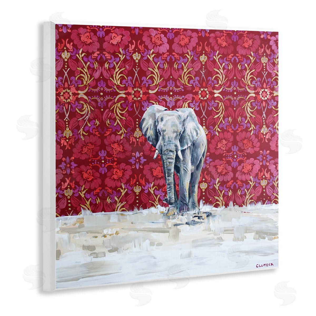 Alana Clumeck Elephant Standing Intricate Red Floral Pattern Wooden Wall Plaque Art Print