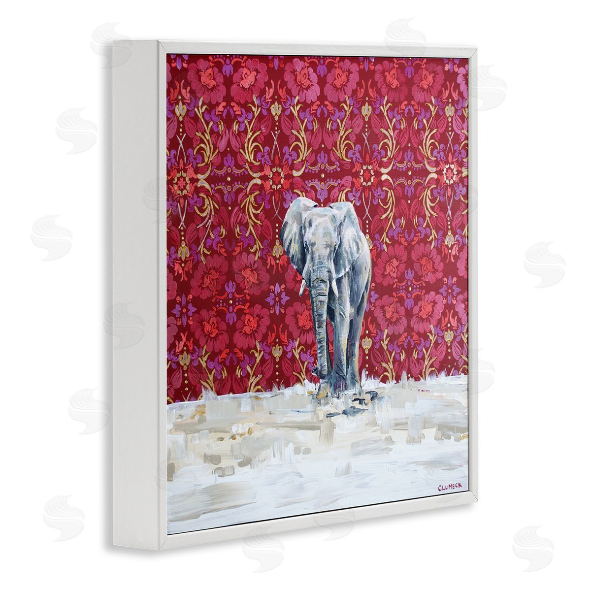 Alana Clumeck Elephant Standing Intricate Red Floral Pattern White Framed Glicee Wall Art Print