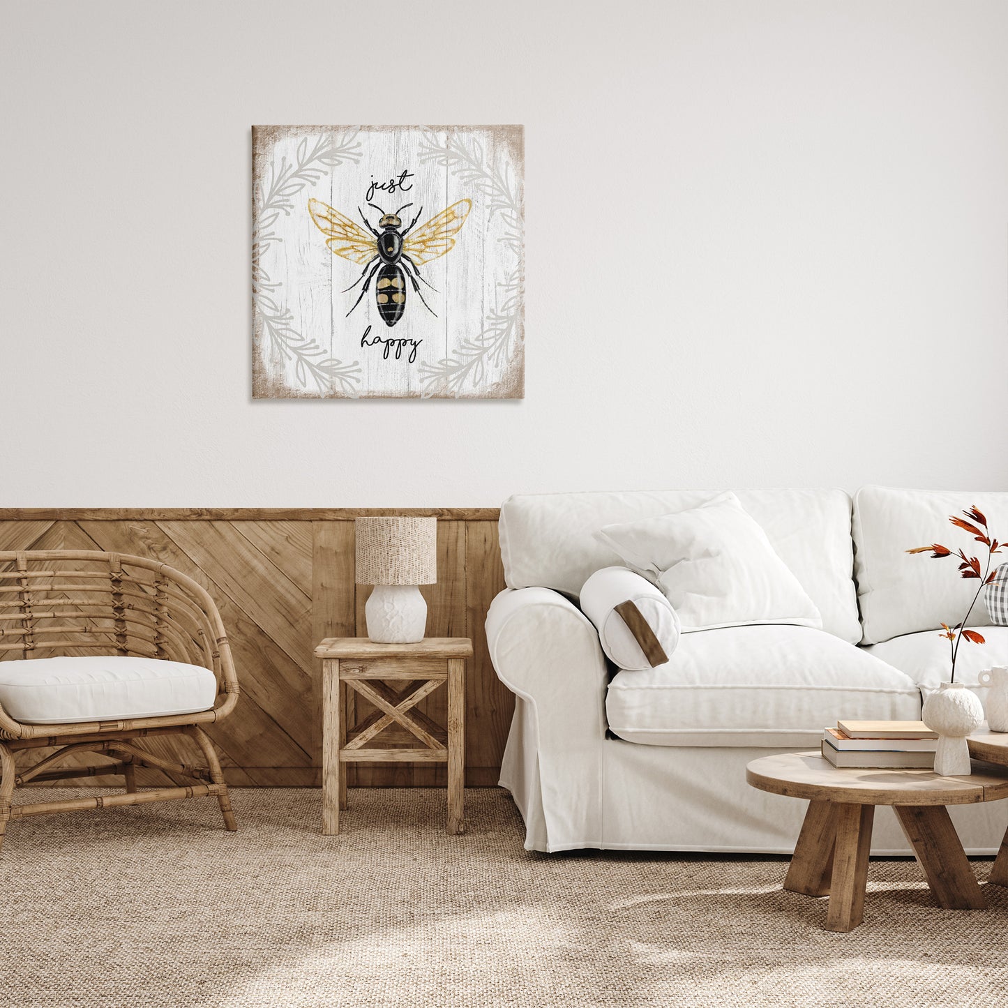 Just Be Happy Charming Bee Canvas Wall Art in Room, Home Decor by Elizabeth Tyndall