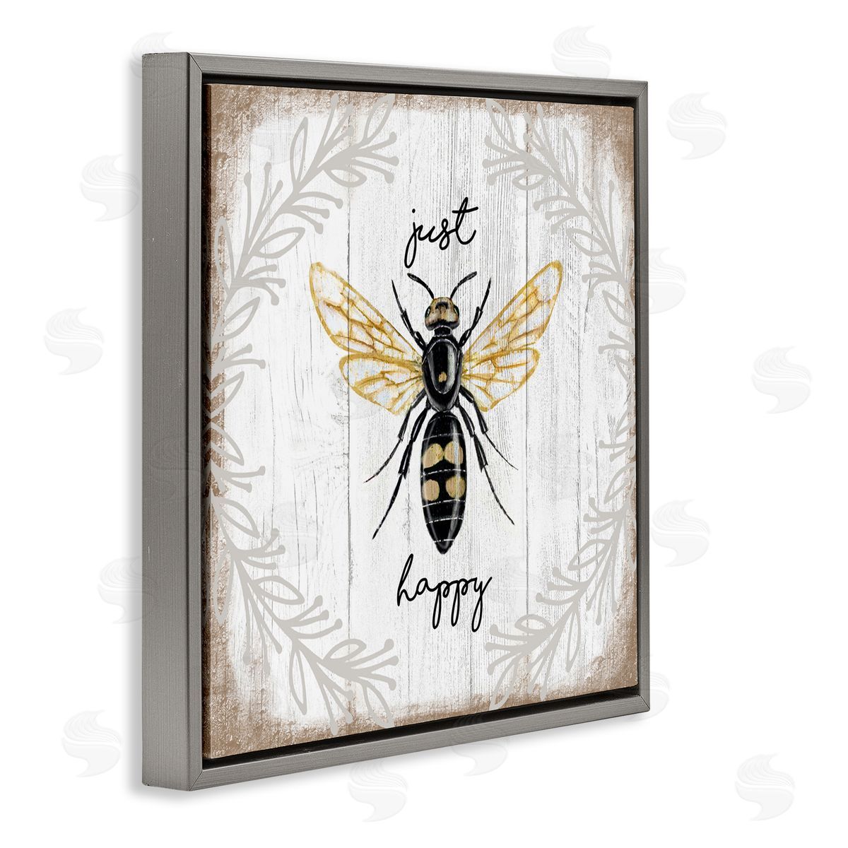 Just Be Happy Charming Bee Grey Floating Frame Canvas Wall Art, Home Decor by Elizabeth Tyndall