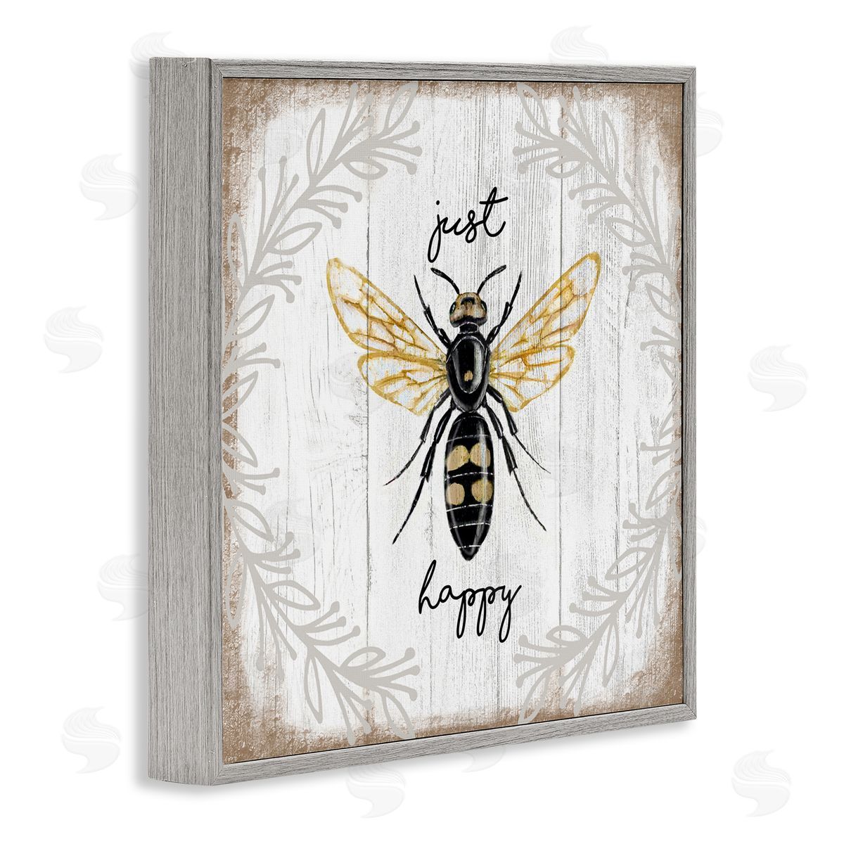 Just Be Happy Charming Bee Grey Frame Print Wall Art, Home Decor by Elizabeth Tyndall