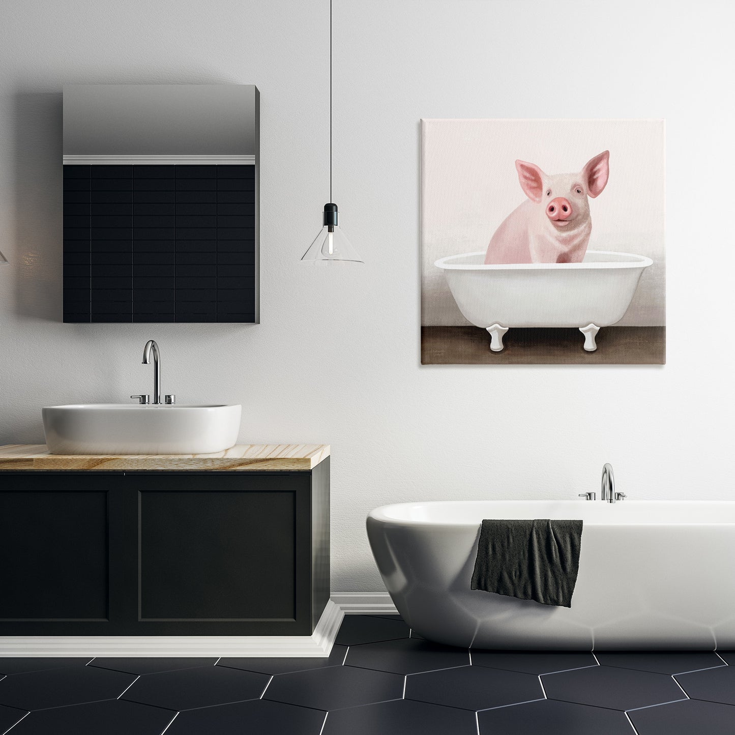 Pink Farm Pig in Country Bath Tub Canvas Wall Art in Room, Home Decor by Elizabeth Tyndall