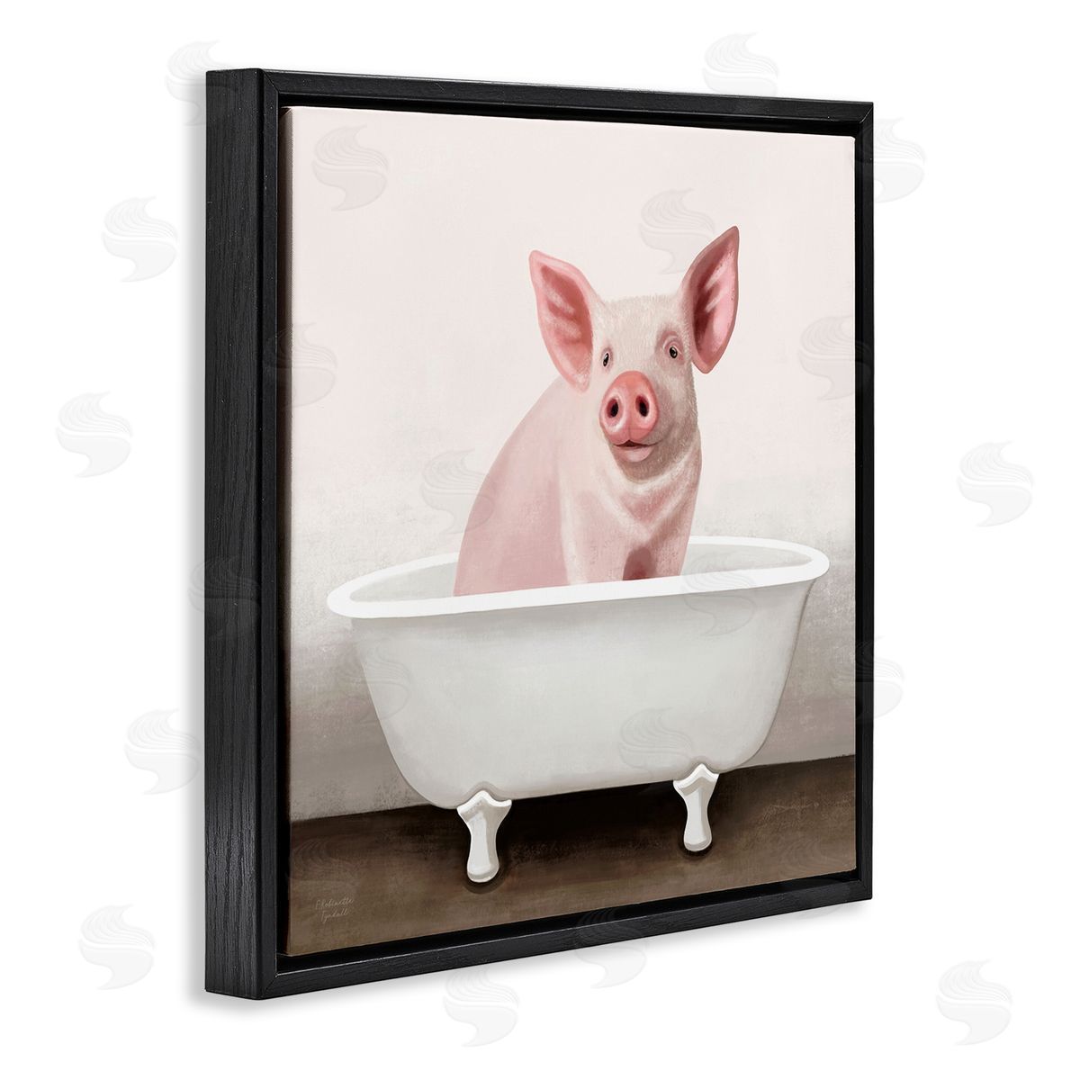 Pink Farm Pig in Country Bath Tub Black Floating Frame Canvas Wall Art, Home Decor by Elizabeth Tyndall