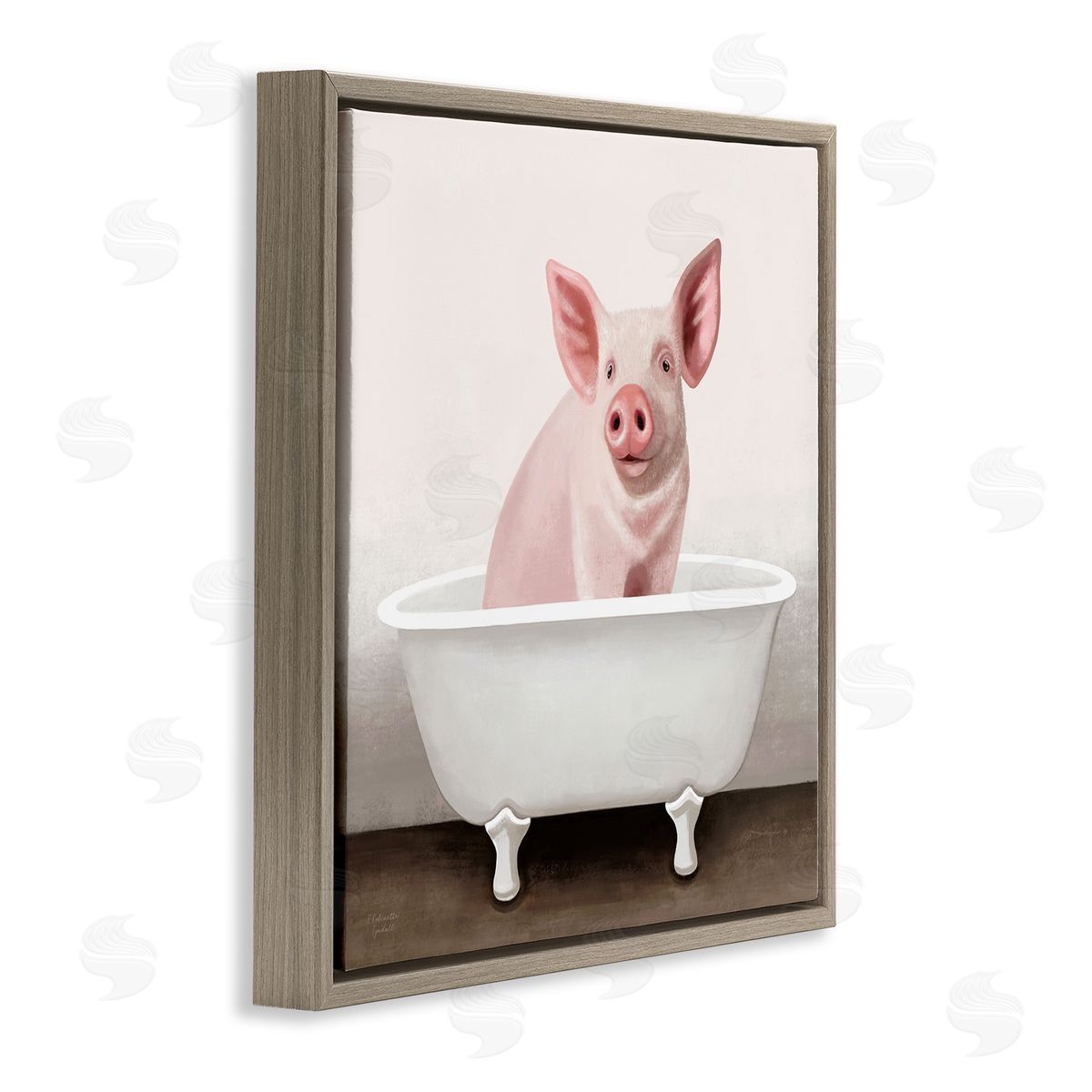 Pink Farm Pig in Country Bath Tub Brown Floating Frame Canvas Wall Art, Home Decor by Elizabeth Tyndall