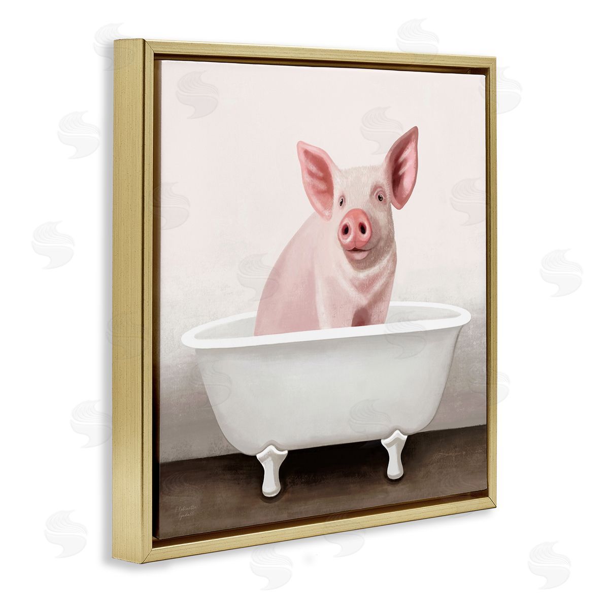 Pink Farm Pig in Country Bath Tub Gold Floating Frame Canvas Wall Art, Home Decor by Elizabeth Tyndall