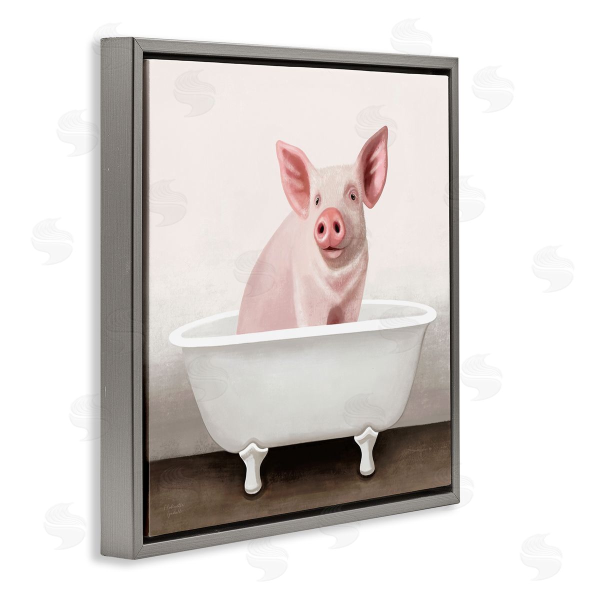 Pink Farm Pig in Country Bath Tub Grey Floating Frame Canvas Wall Art, Home Decor by Elizabeth Tyndall