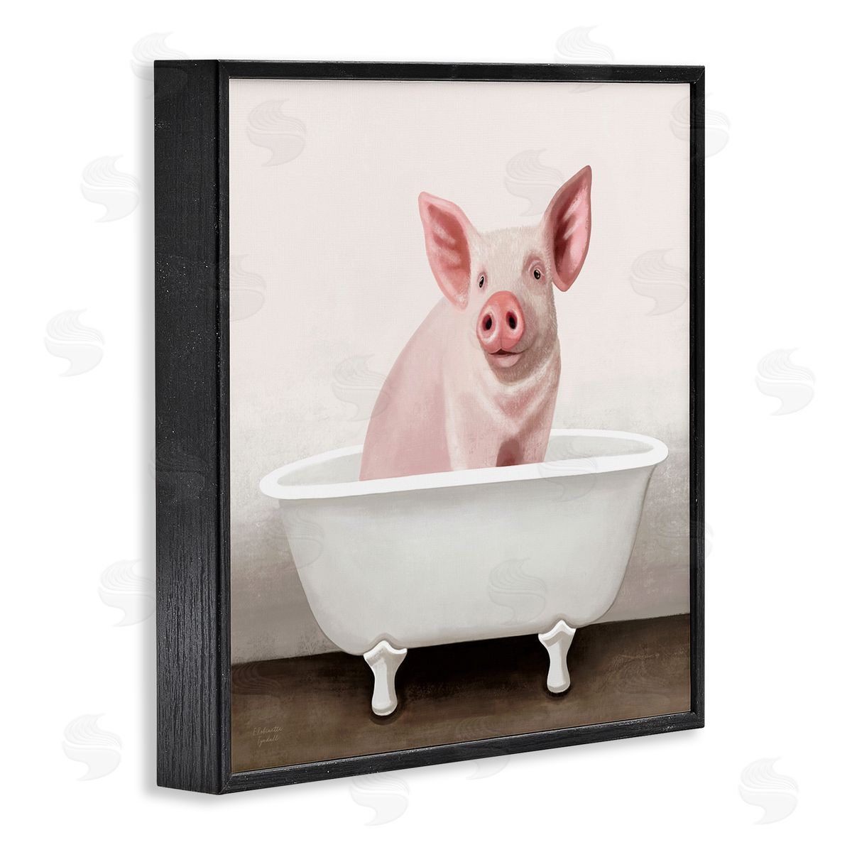 Pink Farm Pig in Country Bath Tub Black Frame Print Wall Art, Home Decor by Elizabeth Tyndall