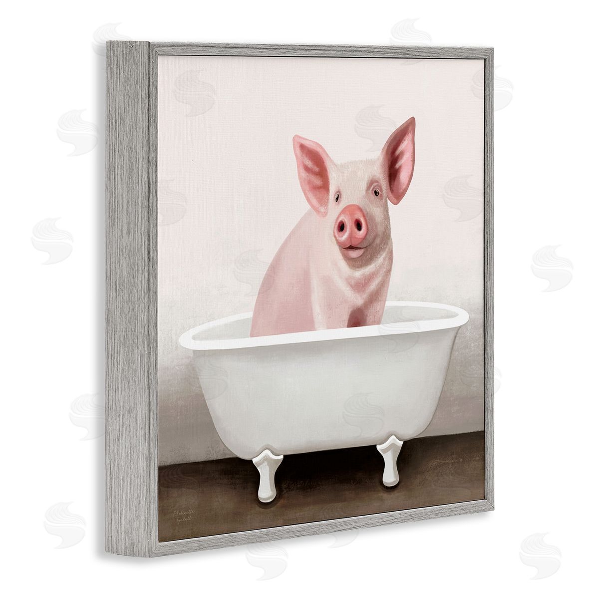 Pink Farm Pig in Country Bath Tub Grey Frame Print Wall Art, Home Decor by Elizabeth Tyndall
