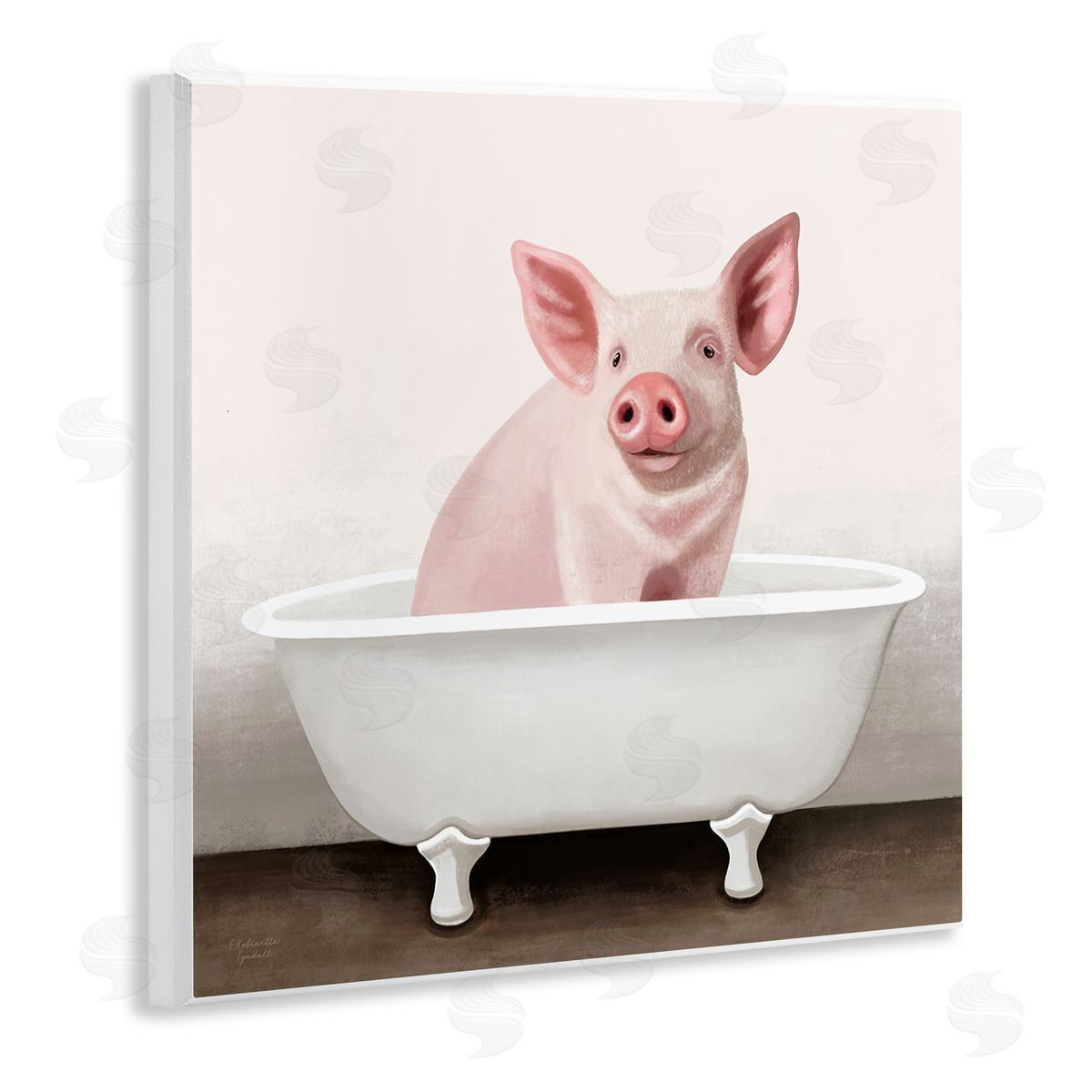 Pink Farm Pig in Country Bath Tub Wood Plaque Wall Art, Home Decor by Elizabeth Tyndall