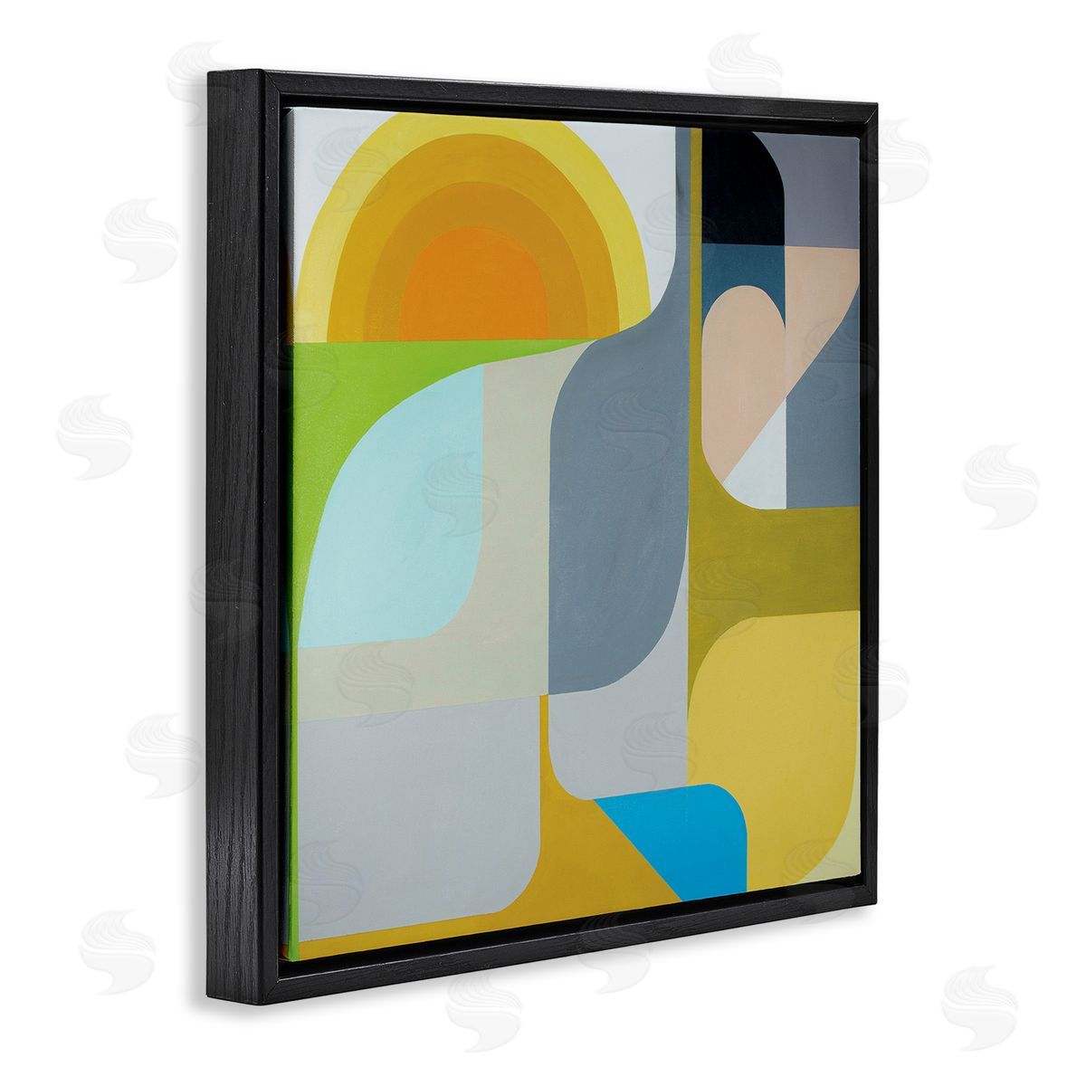 Marion Griese Abstract Fluid Shapes Yellow Green Grey Black Floating Frame Canvas Wall Art Print
