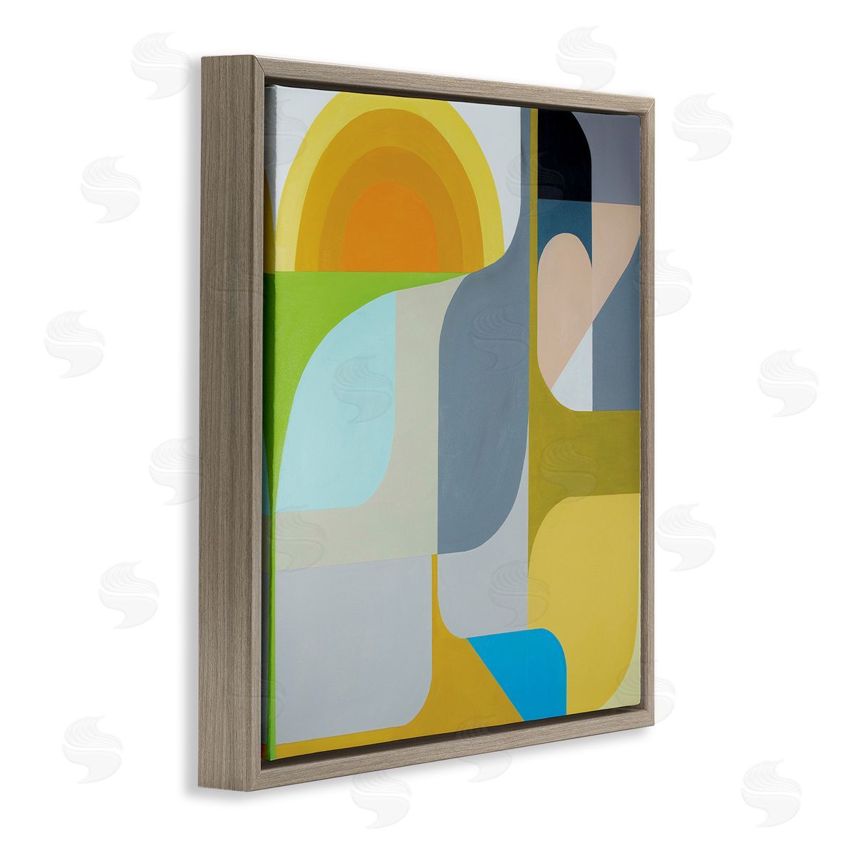 Marion Griese Abstract Fluid Shapes Yellow Green Grey Brown Floating Frame Canvas Wall Art Print