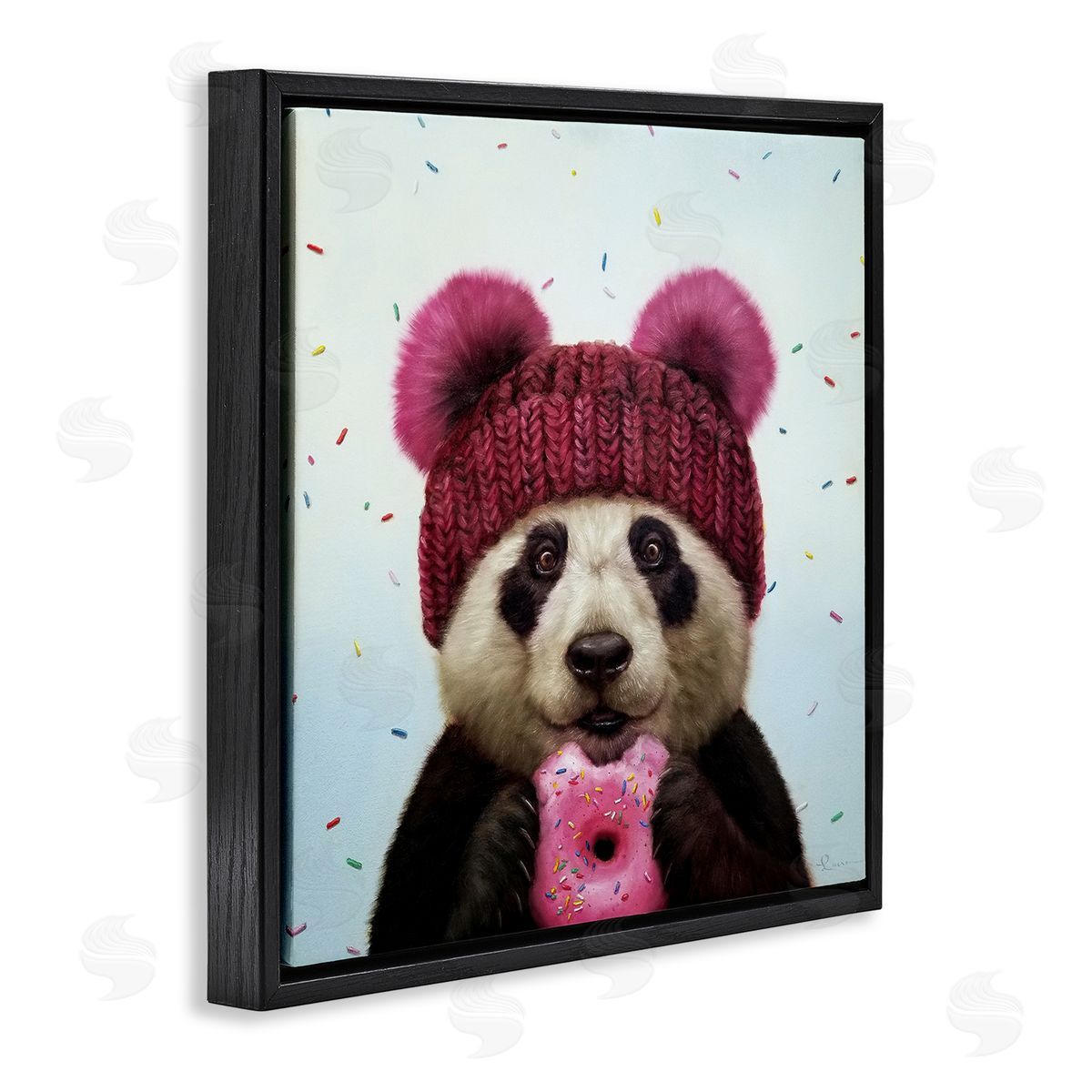 Happy Panda Bear with Donut Black Floating Frame Canvas Wall Art, Home Decor by Lucia Heffernan