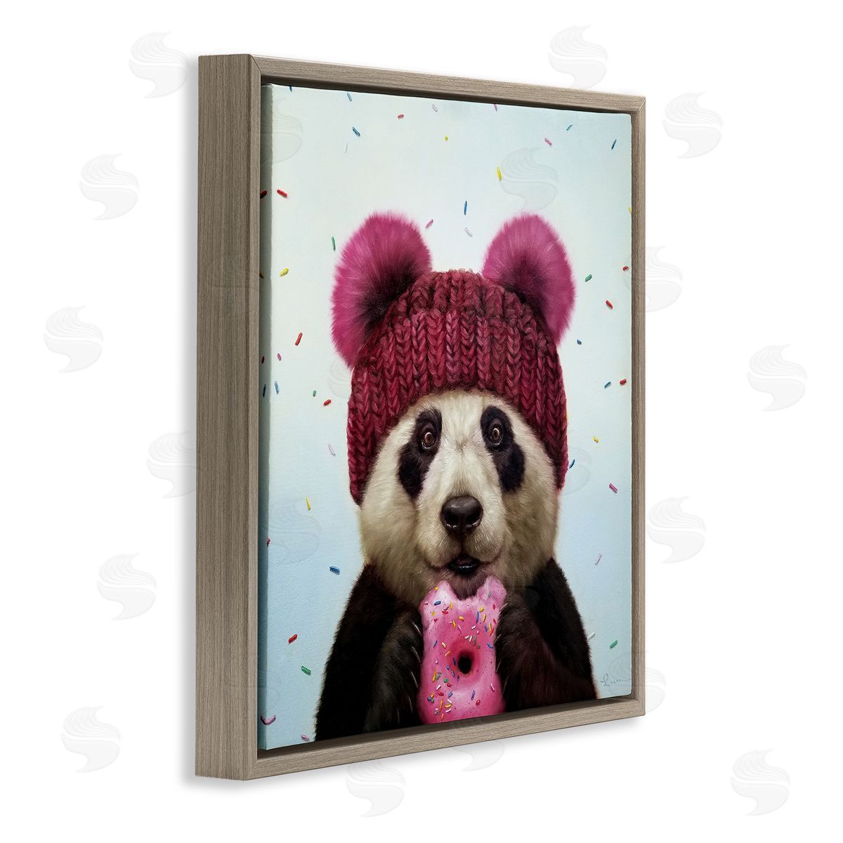 Happy Panda Bear with Donut Brown Floating Frame Canvas Wall Art, Home Decor by Lucia Heffernan